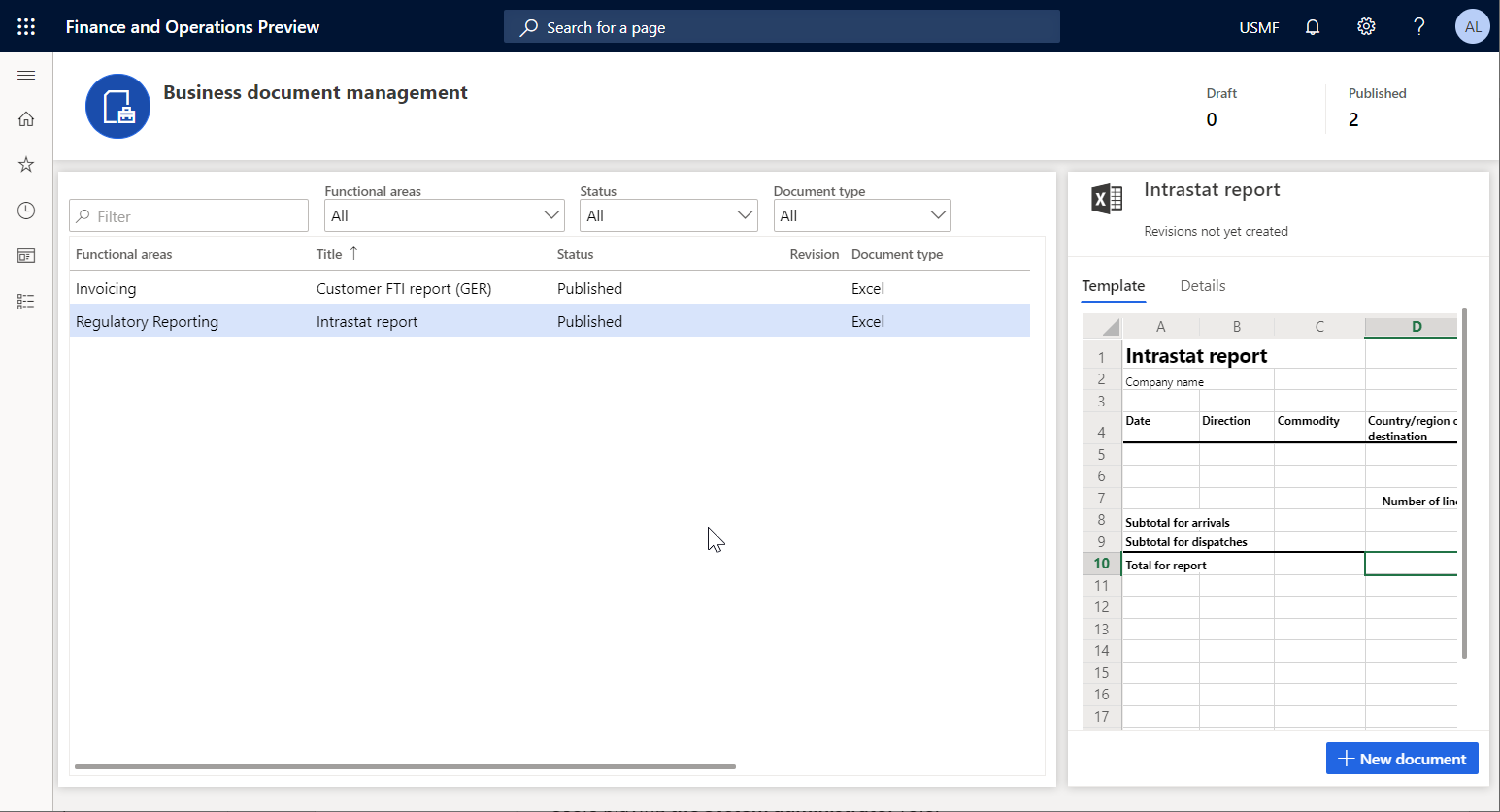 Editing business document templates on the Business document management workspace page.