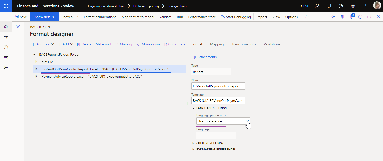 Set up the FILE component in the ER Operation designer to generate the report in the user's preferred language.