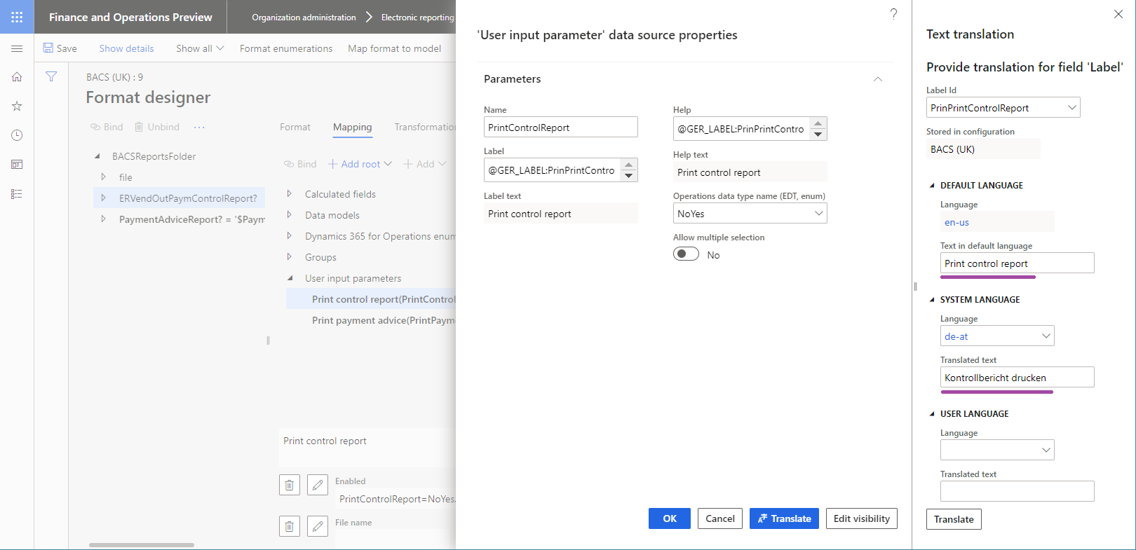 Providing translation of attributes of a user input parameter in the ER Operation designer.