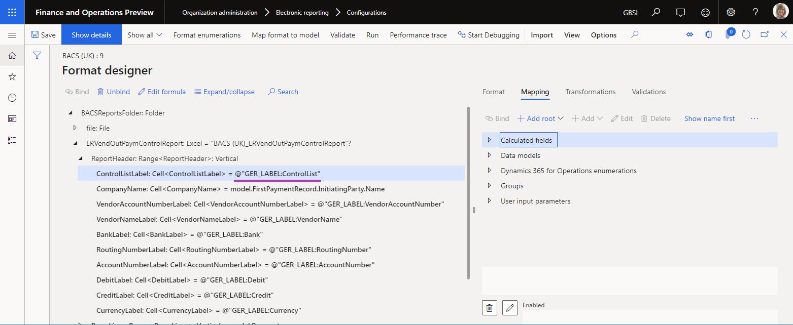 Sample of data binding that refers to an ER label in the ER Operation designer.