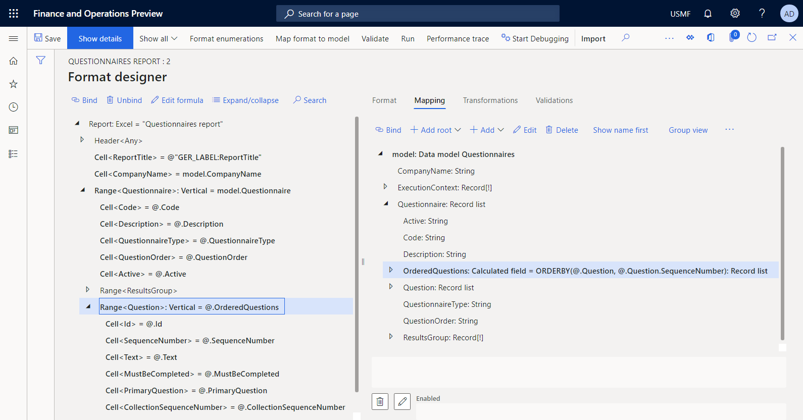 Binding the Question format element to the configured OrderedQuestions data source in the ER Operation designer.