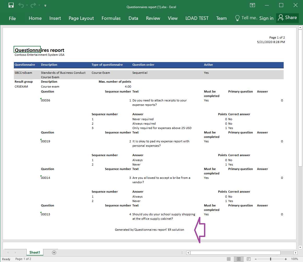 Generated report in Excel format.