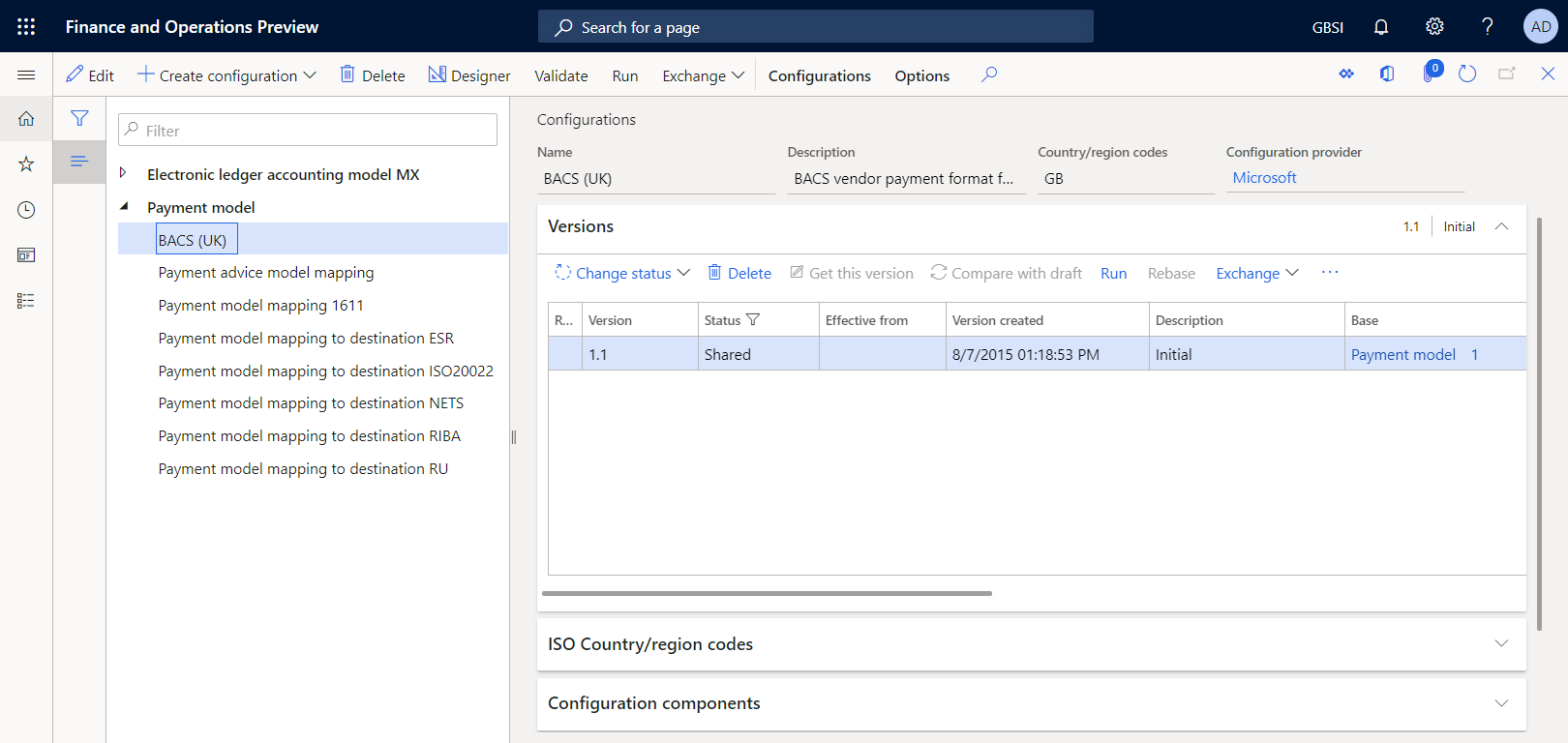 Configurations page with specified ER configurations available in the tree.