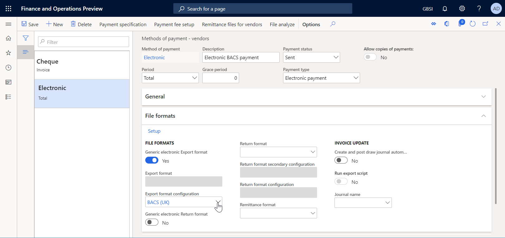 Methods of payment - vendors page to set up electronic payment method to process vendor payments using a standard format.