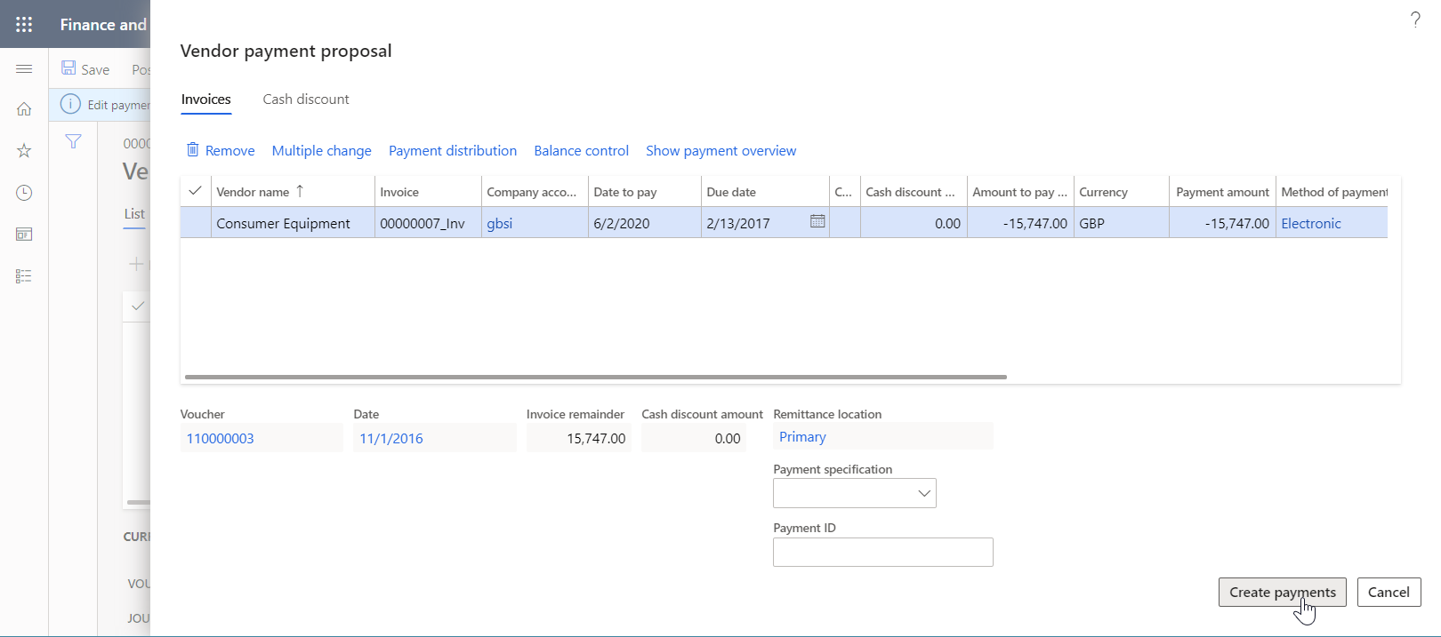 Vendor payment proposal dialog box.