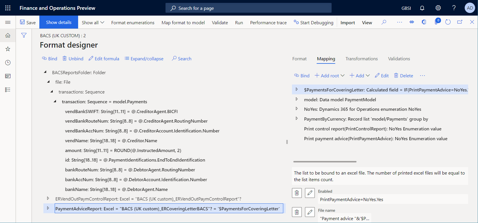 Merged format in the ER Operations designer.