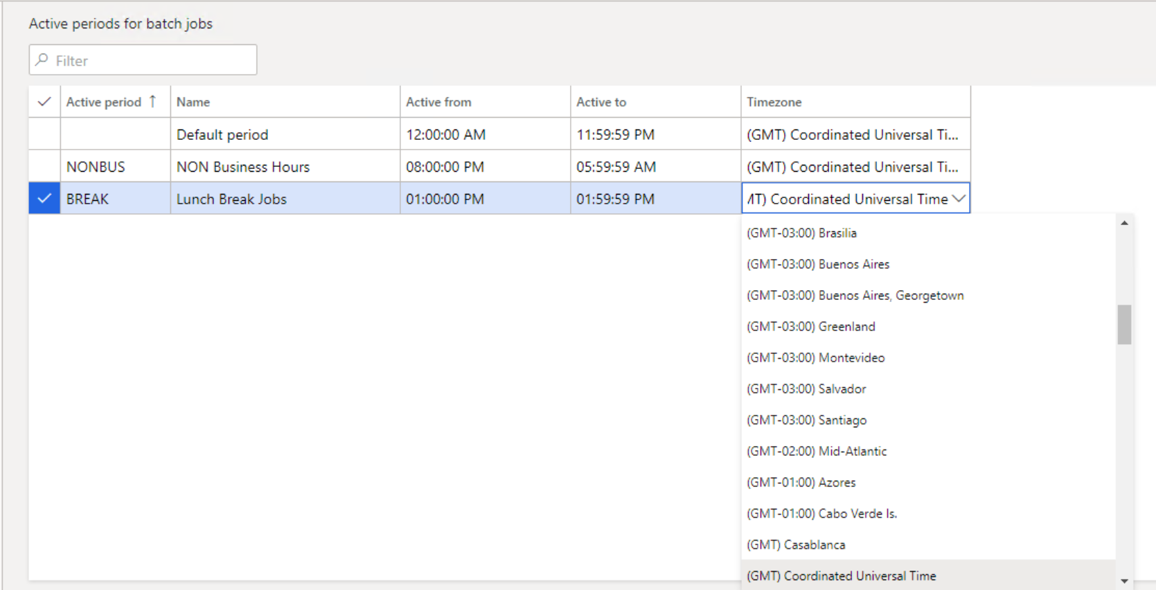 Timezone field on the Active periods for batch jobs page.