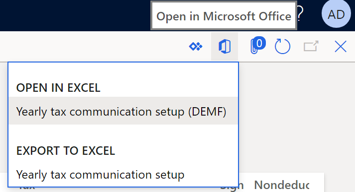 Yearly tax communication setup (DEMF) selection.