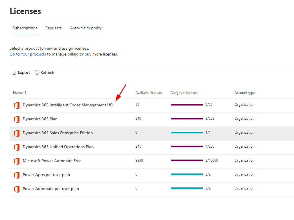 Dynamics 365 Intelligent Order Management USL on the Licenses page.