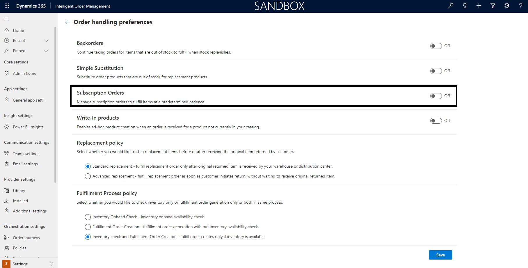 Subscription Orders option set to On.