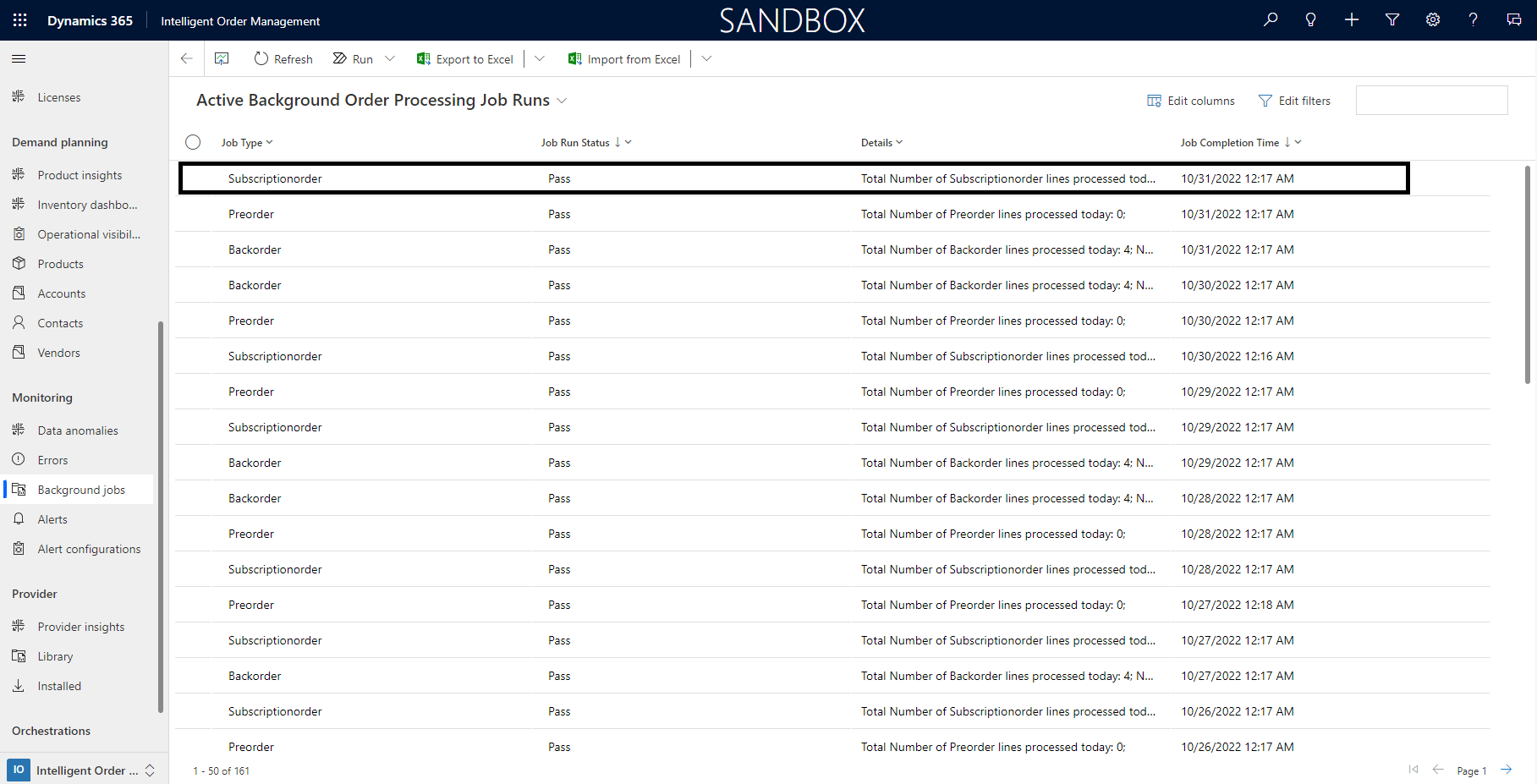 Job log on the Active Background Order Processing Job Runs page.