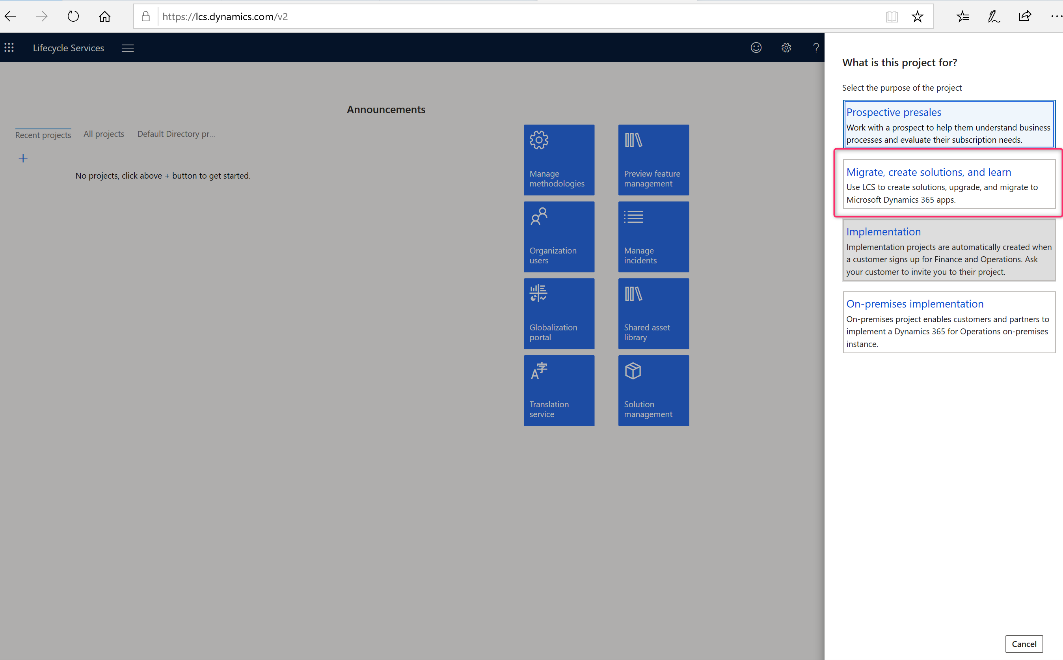 Pick Lifecycle Services project type.