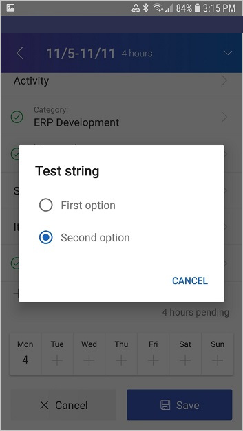 Option buttons (radio buttons) for the Test string custom field.