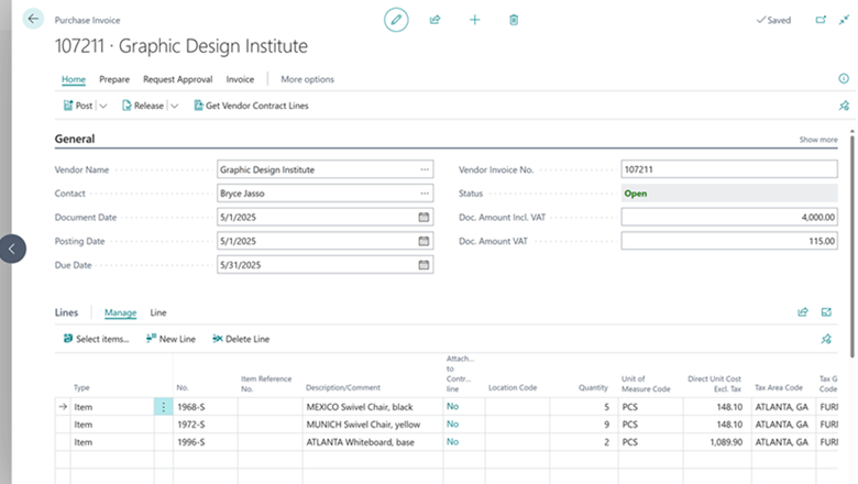 Showing checking the purchase invoice totals