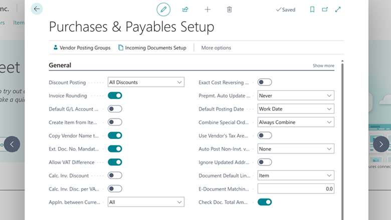 Check total on the purchase document setup