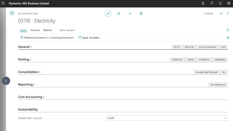 Default sustainability account for G/L Account