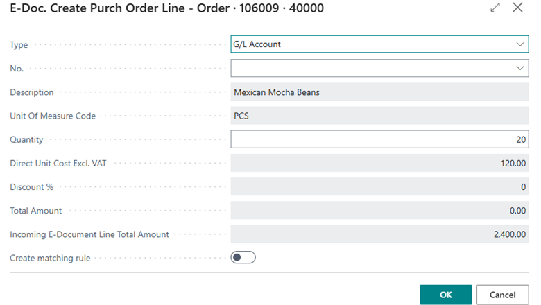 Adding new line from incoming E-Documents