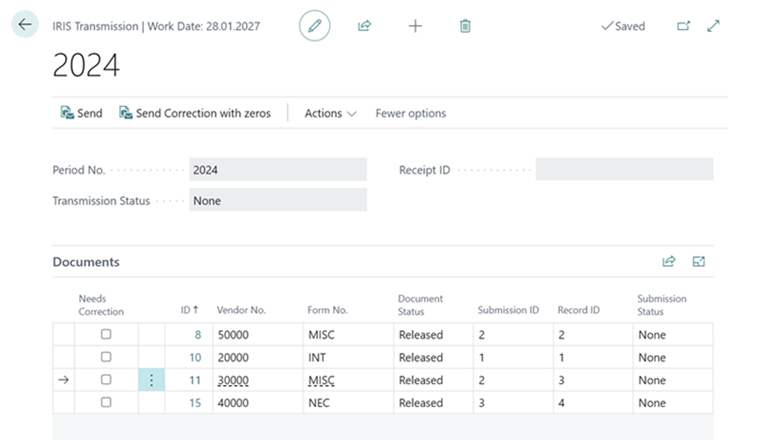 Screenshot of the IRIS Transmission page that shows the list of submitted IRIS 1099 forms.