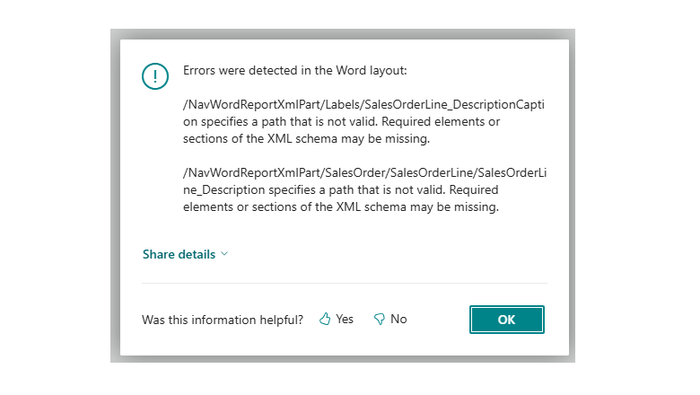 Screenshot of a report validation dialog box