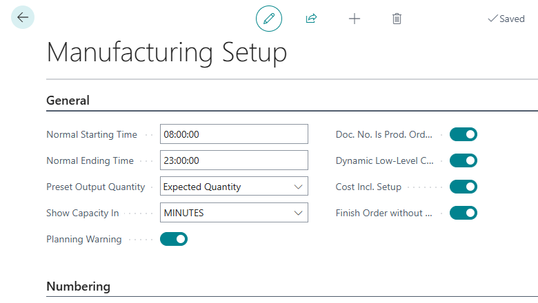 Manufacturing Setup page