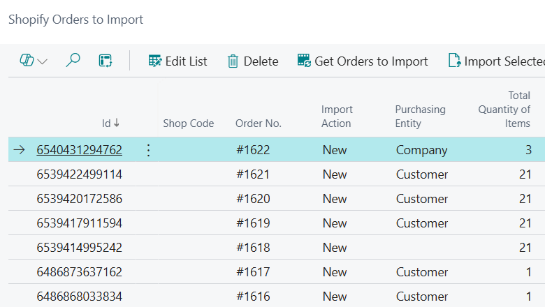 Shopify Orders to Import page