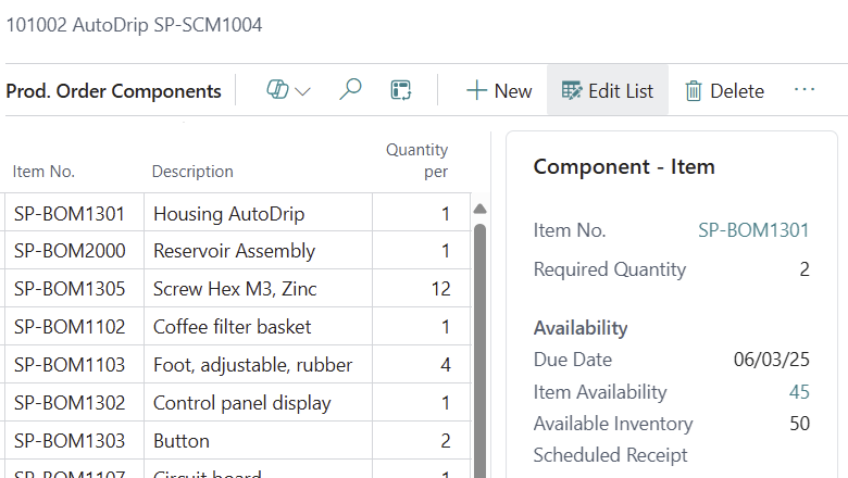 Production order components