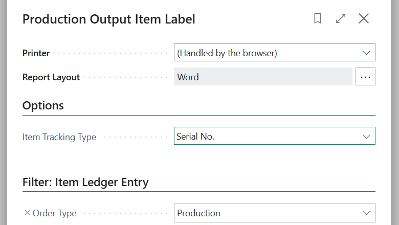 Production Output Item Label request page