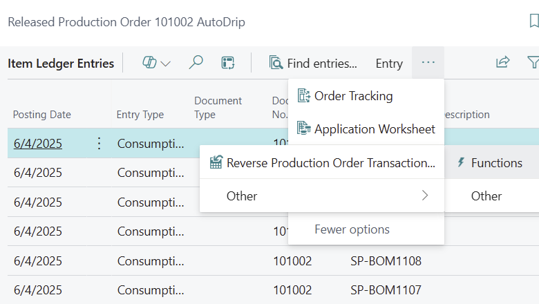 Reverse Production Order Transaction