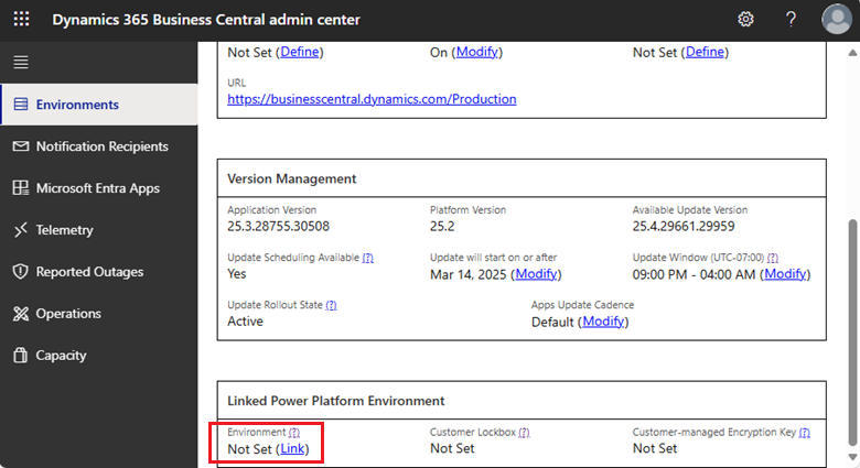 Screenshot of Power Platform environment link in environment details page in Business Central