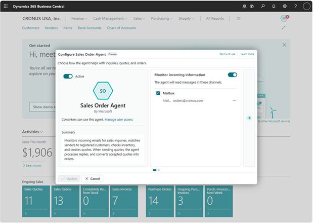 Shows the configuration page for setting up Sales Order Agent