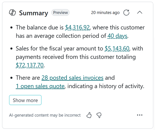 The summary FactBox, expanded and displaying a summary.