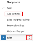 Screenshot of the Sales app site map, with the Change area icon and App Settings highlighted.