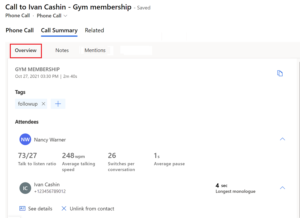 Screenshot of the Overview tab of the call summary page.