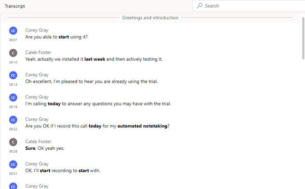 Screenshot of the Transcript tab of the call summary page.
