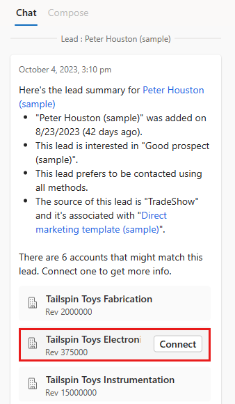 Screenshot of a lead card in the Copilot chat, with a matching account highlighted.