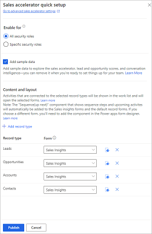 Sales accelerator quick setup panel.