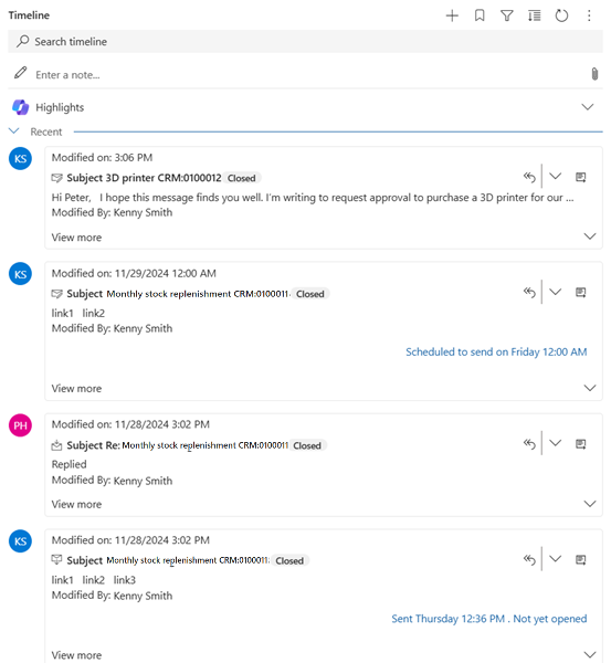 Screenshot of email messages in the Activities list.