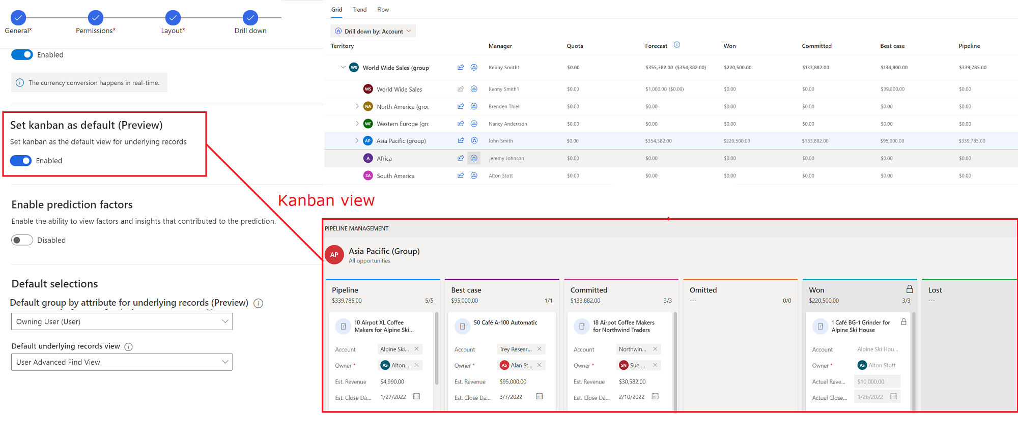 A screenshot of a forecast with Kanban set as the default view and underlying records shown in Kanban view.