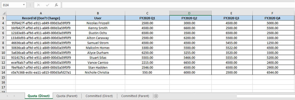 Sample Excel workbook view