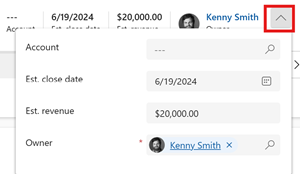 Screenshot of the estimated revenue and close date update menu.