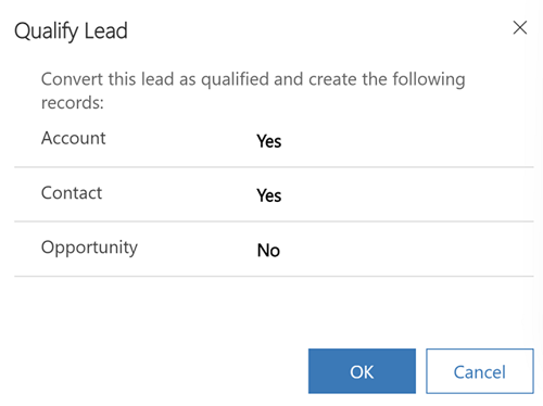 Screenshot that shows account and contact records selected for creation in the Qualify lead dialog.