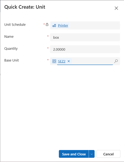 Quick create: Unit form