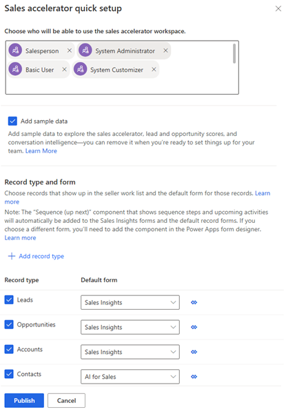 Screenshot of sales accelerator quick setup pane.