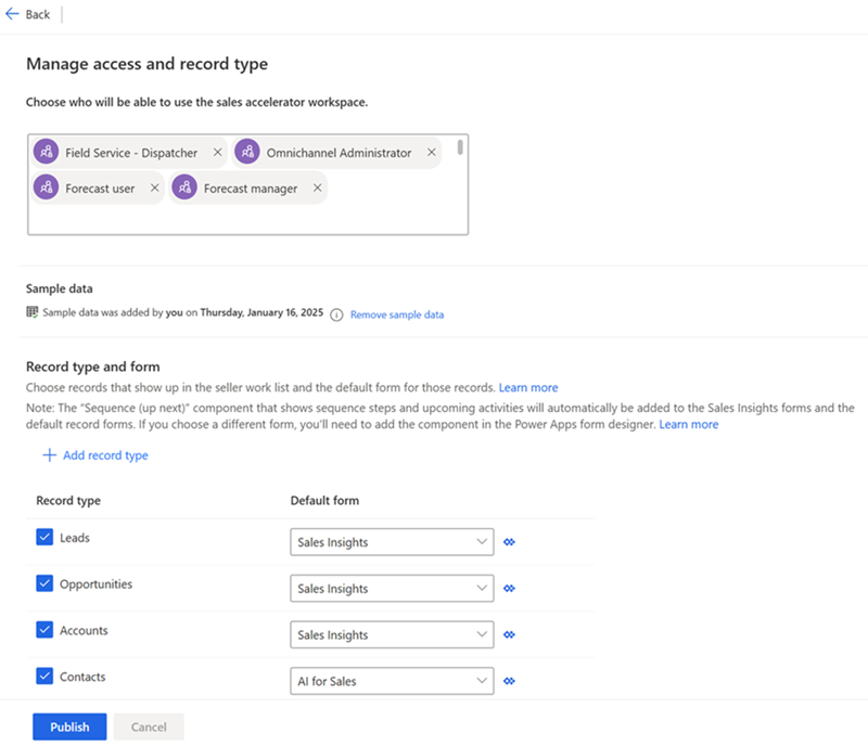 Screenshot of the Manage access and record type settings page.