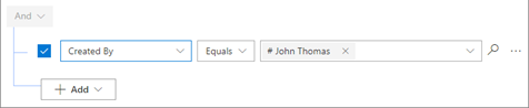 Screenshot that shows a condition row that filters for leads where the value of the Created By attribute equals a specific name.