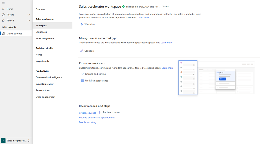 Screenshot of the Sales accelerator workspace settings page.