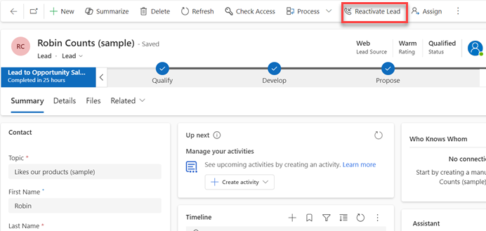 Shows reactivating a lead in Dynamics 365 Sales