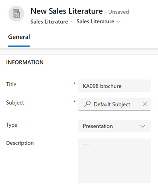 Screenshot of the Sales Literature form.