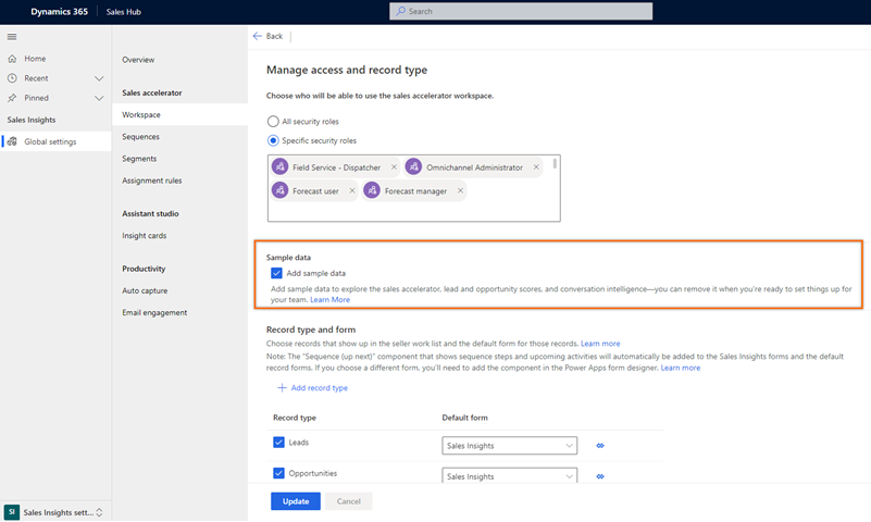 Screenshot for select Add sample data from the Manage access and record type page.