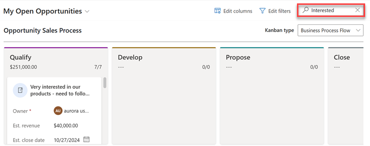 Use the Search box to filter records in the Kanban view